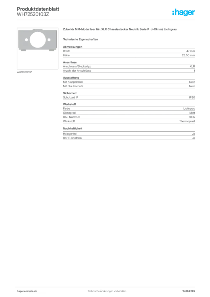 Bild Hager Produktdatenblatt WH72520103Z | Hager Schweiz