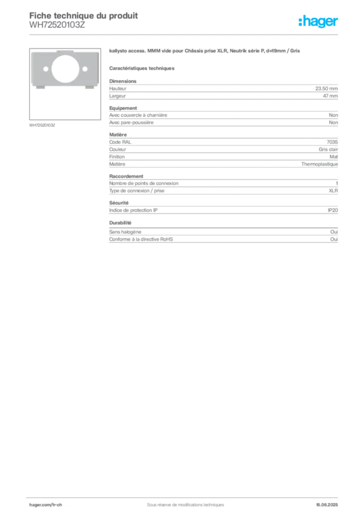 Image Hager Fiche technique du produit WH72520103Z | Hager Suisse
