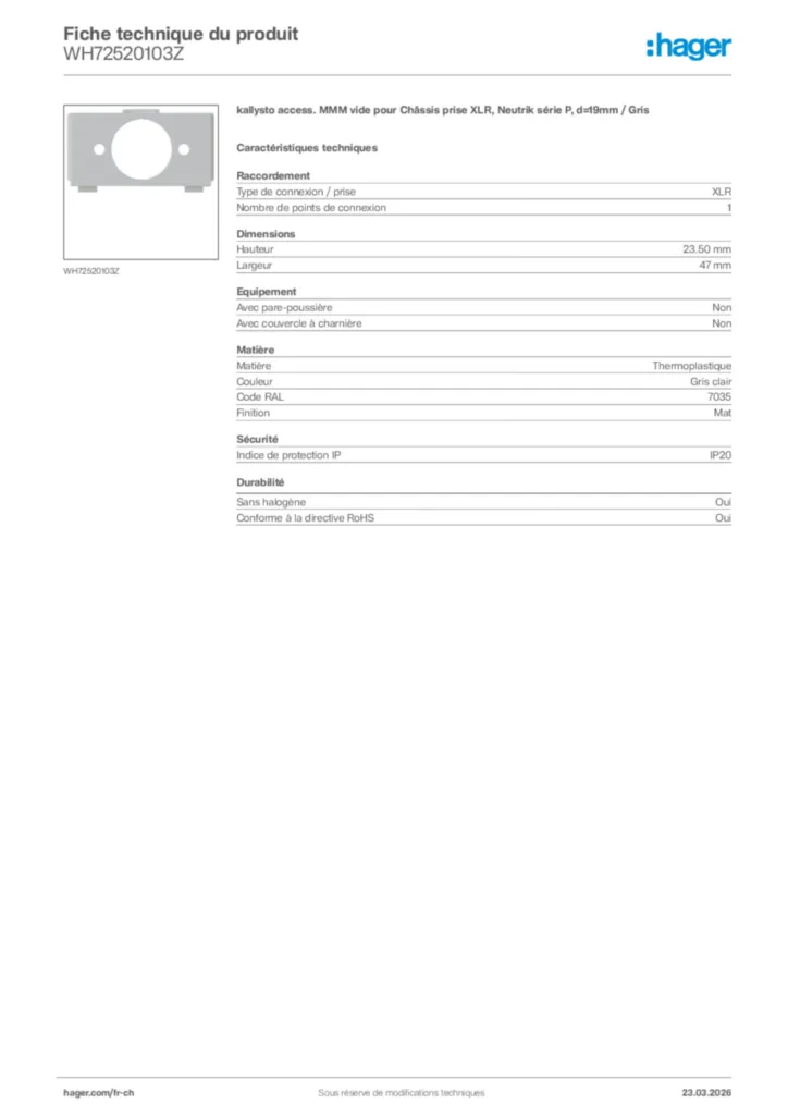 Image Hager Fiche technique du produit WH72520103Z | Hager Suisse