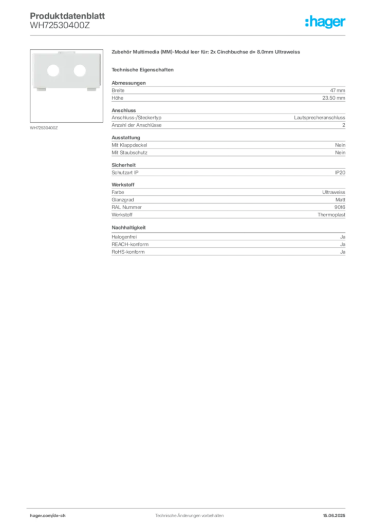 Bild Hager Produktdatenblatt WH72530400Z | Hager Schweiz