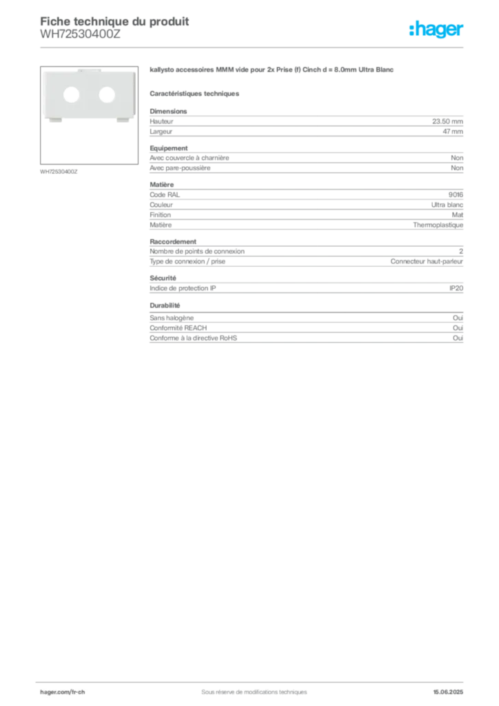 Image Hager Fiche technique du produit WH72530400Z | Hager Suisse
