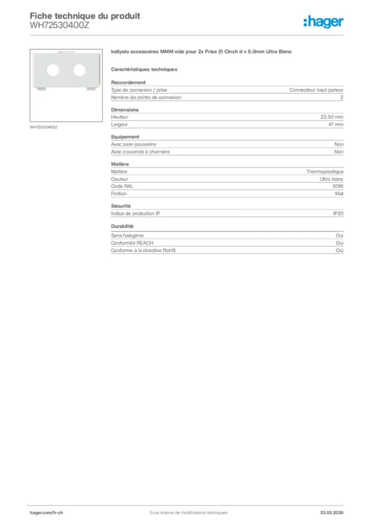 Image Hager Fiche technique du produit WH72530400Z | Hager Suisse