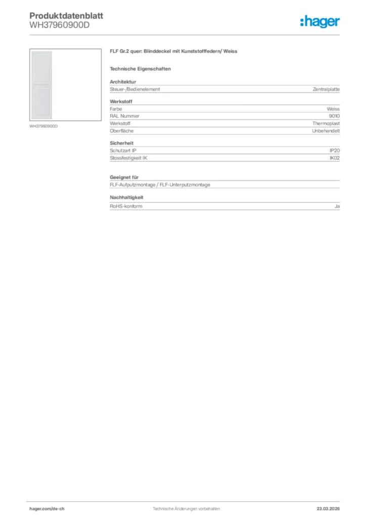 Bild Hager Produktdatenblatt WH37960900D | Hager Schweiz