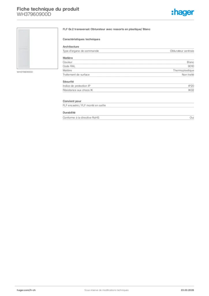 Image Hager Fiche technique du produit WH37960900D | Hager Suisse
