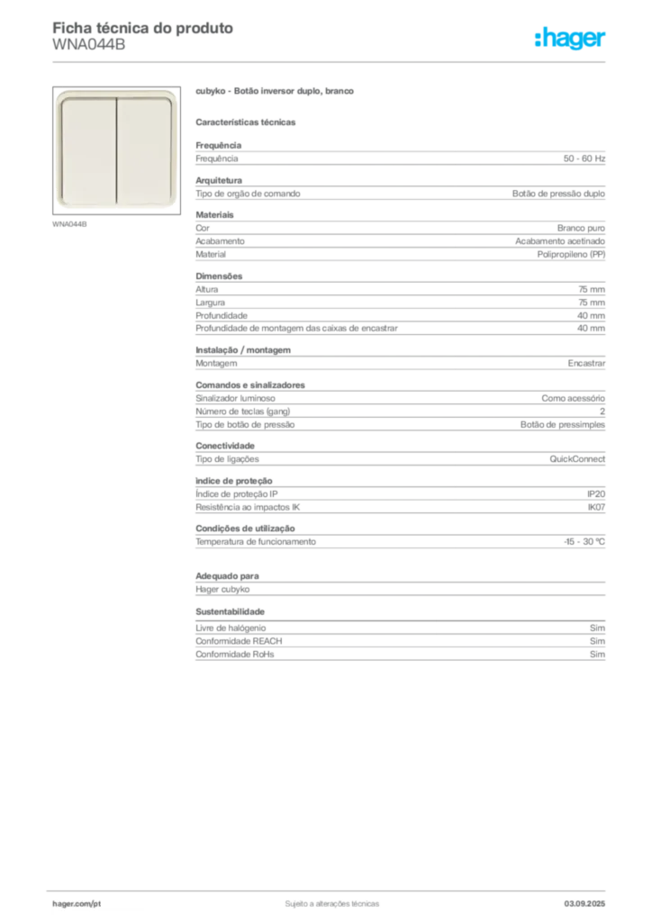 Imagem Hager Ficha técnica do produto WNA044B | Hager Portugal