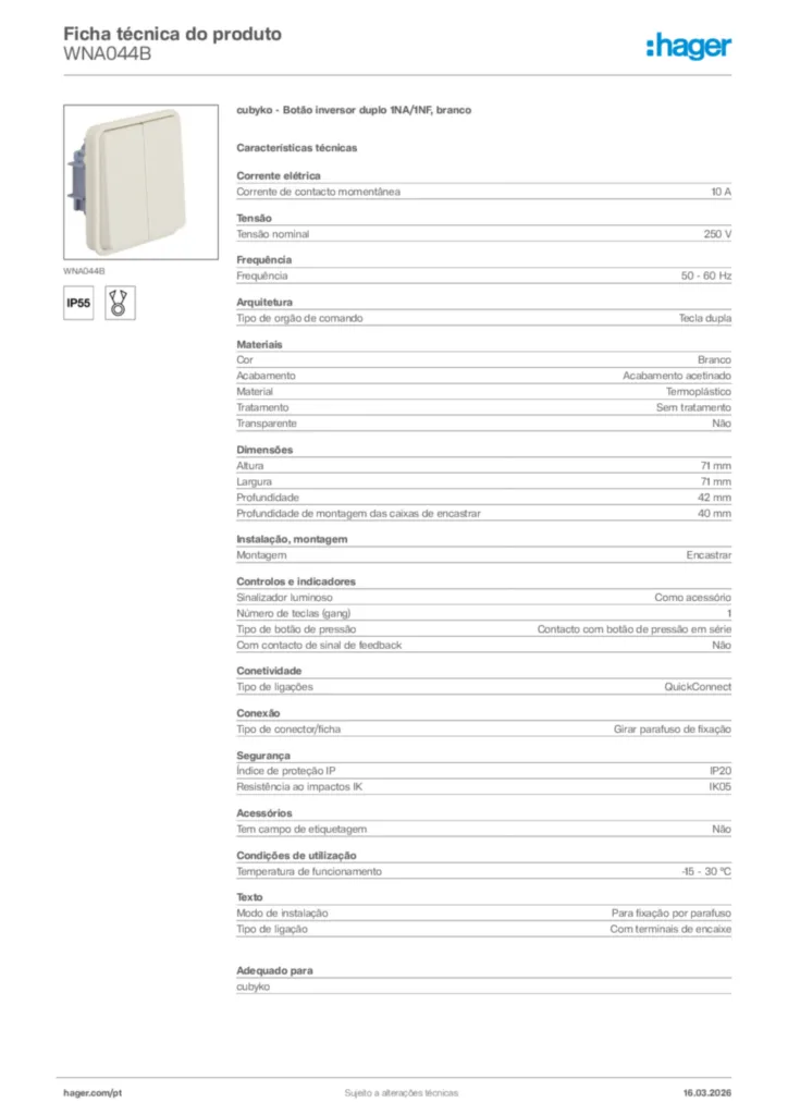 Imagem Hager Ficha técnica do produto WNA044B | Hager Portugal