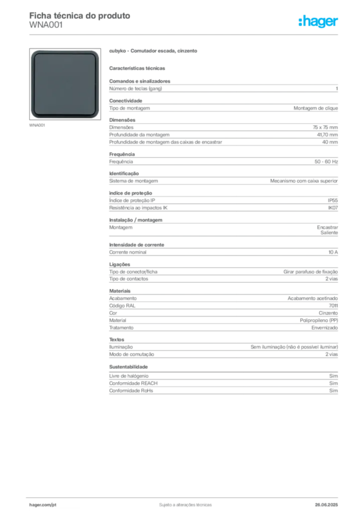 Imagem Hager Ficha técnica do produto WNA001 | Hager Portugal