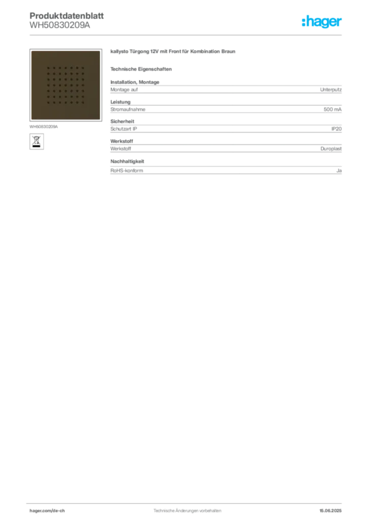 Bild Hager Produktdatenblatt WH50830209A | Hager Schweiz