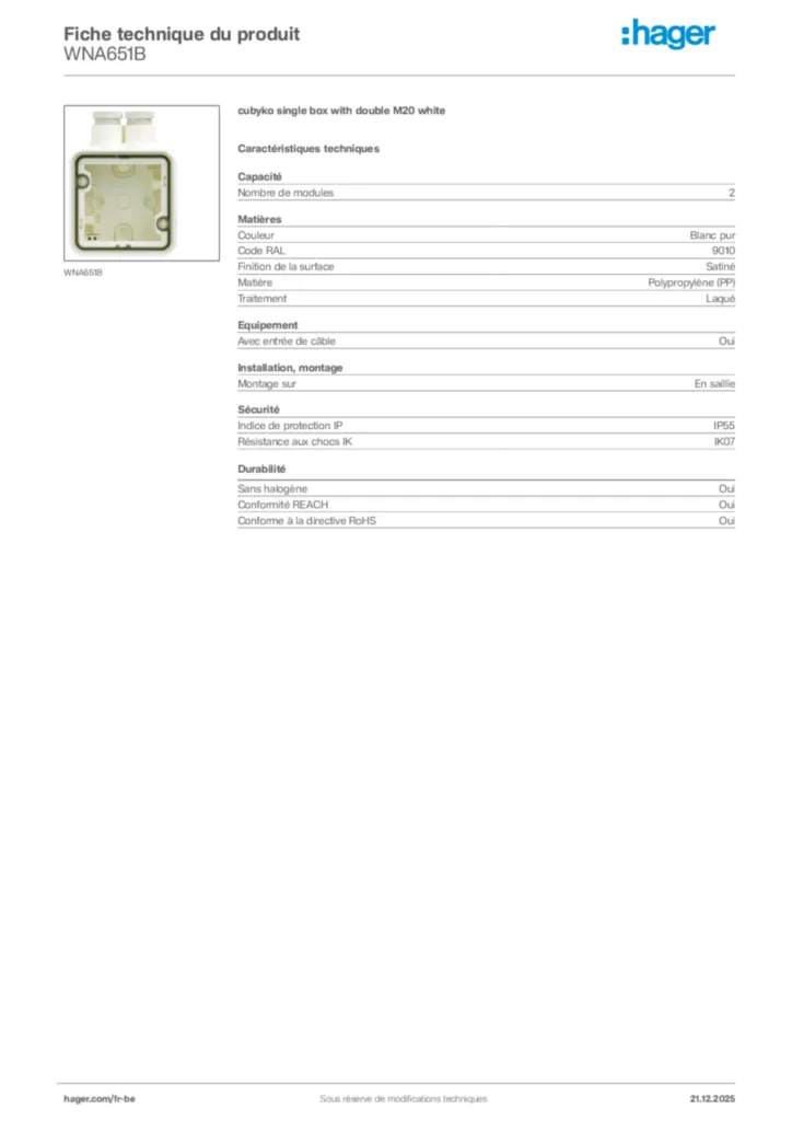 Image Hager Fiche technique du produit WNA651B | Hager Belgique