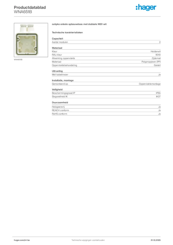 Afbeelding Hager Productdatablad WNA651B | Hager Belgium