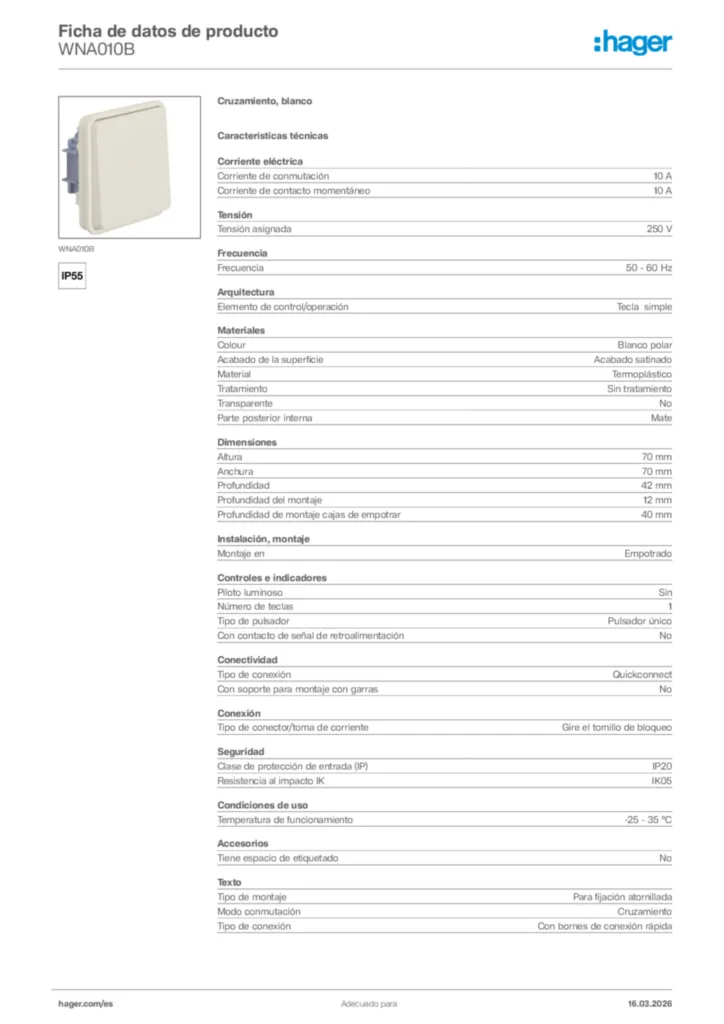 Imagen Hager Ficha de datos de producto WNA010B | Hager España