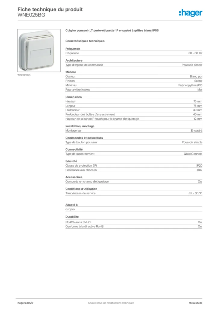 Image Hager Fiche technique du produit WNE025BG | Hager France