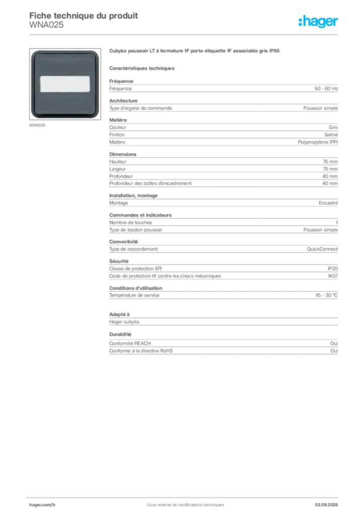 Image Hager Fiche technique du produit WNA025 | Hager France