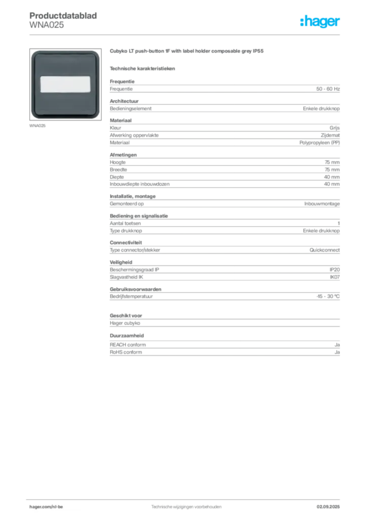 Afbeelding Hager Productdatablad WNA025 | Hager Belgium
