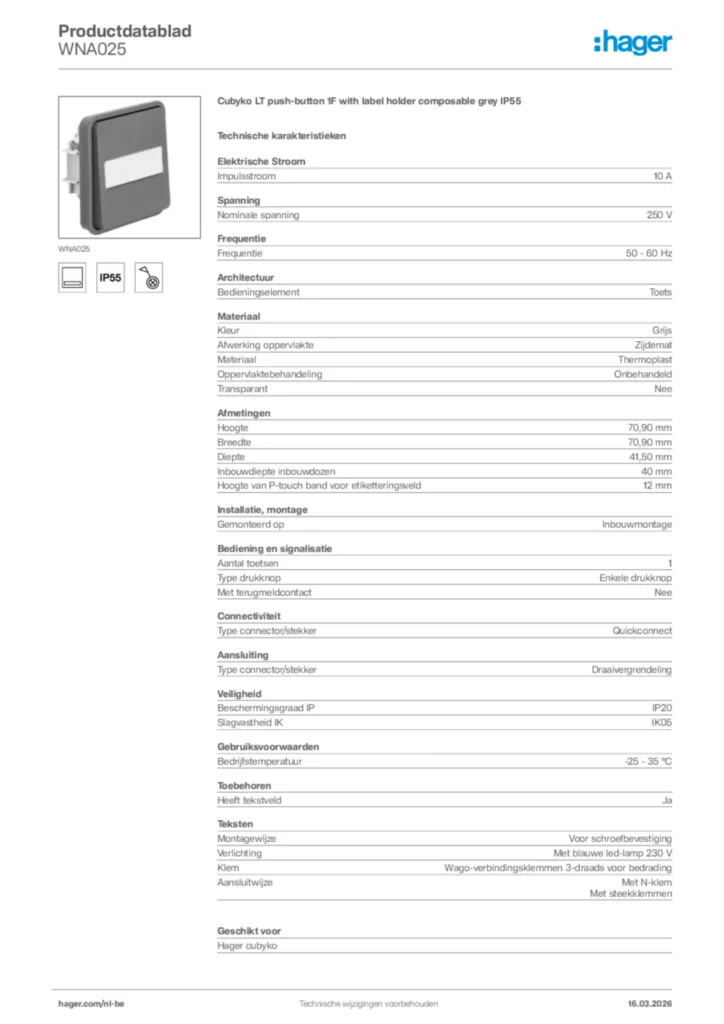 Afbeelding Hager Productdatablad WNA025 | Hager Belgium