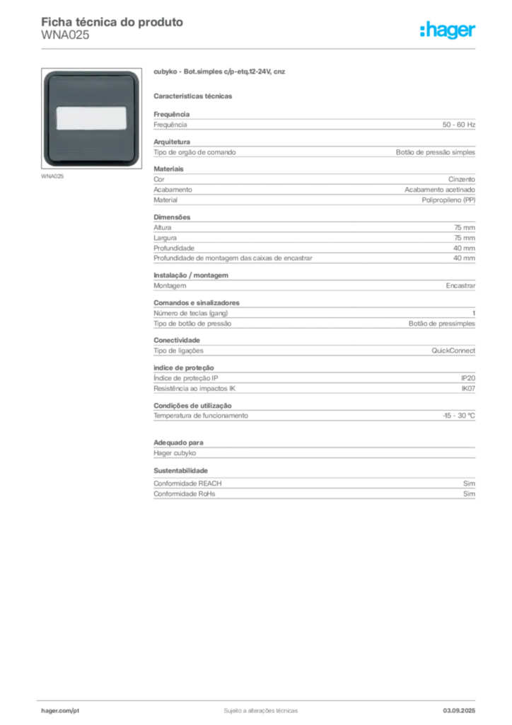 Imagem Hager Ficha técnica do produto WNA025 | Hager Portugal