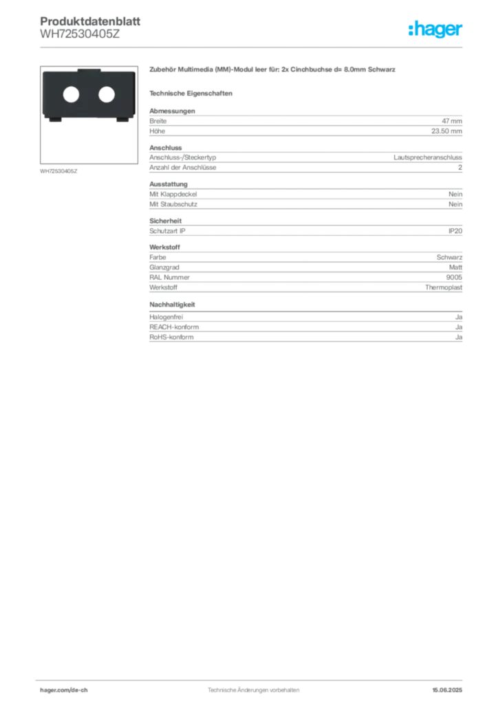 Bild Hager Produktdatenblatt WH72530405Z | Hager Schweiz