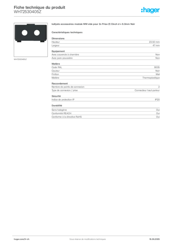 Image Hager Fiche technique du produit WH72530405Z | Hager Suisse