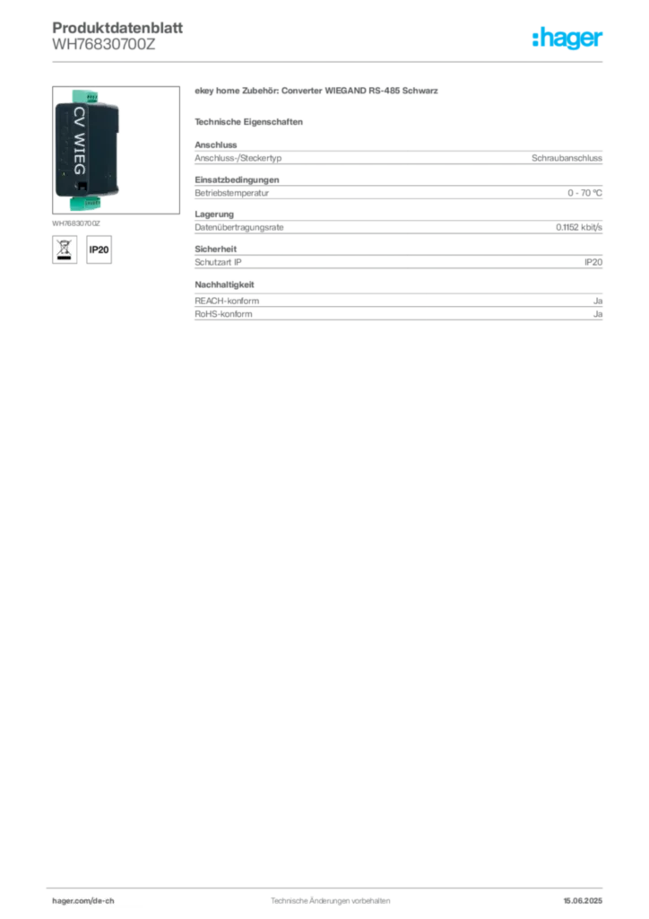 Bild Hager Produktdatenblatt WH76830700Z | Hager Schweiz
