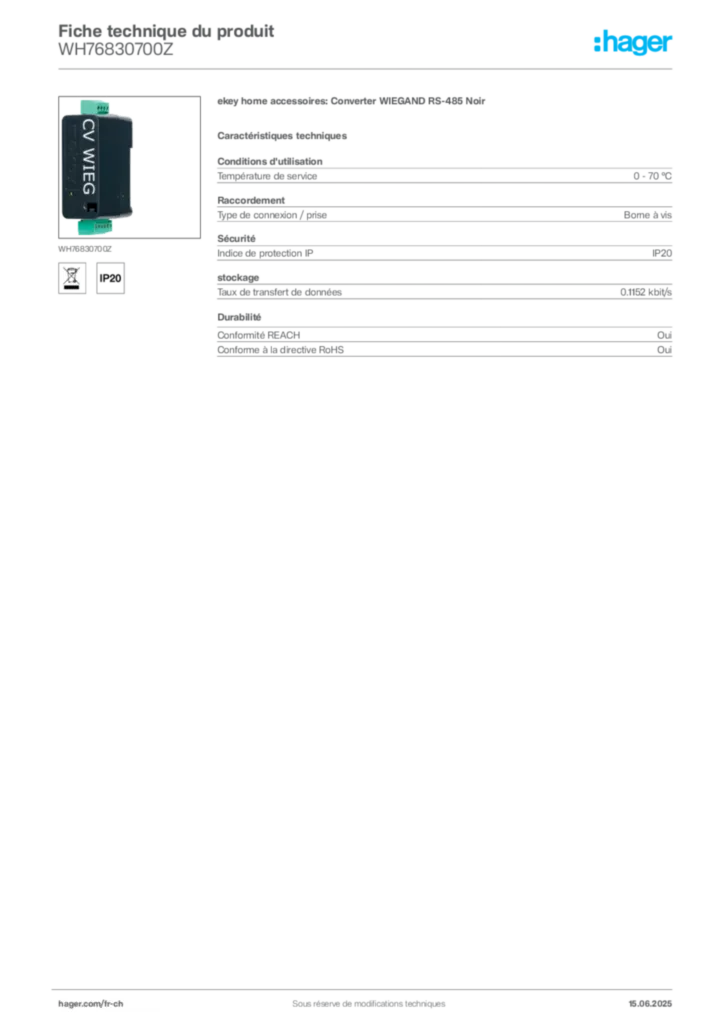 Image Hager Fiche technique du produit WH76830700Z | Hager Suisse