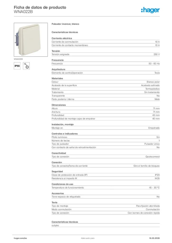 Imagen Hager Ficha de datos de producto WNA022B | Hager España