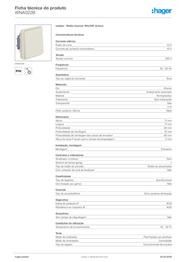 Imagem Hager Ficha técnica do produto WNA022B | Hager Portugal
