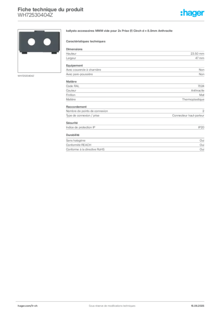Image Hager Fiche technique du produit WH72530404Z | Hager Suisse