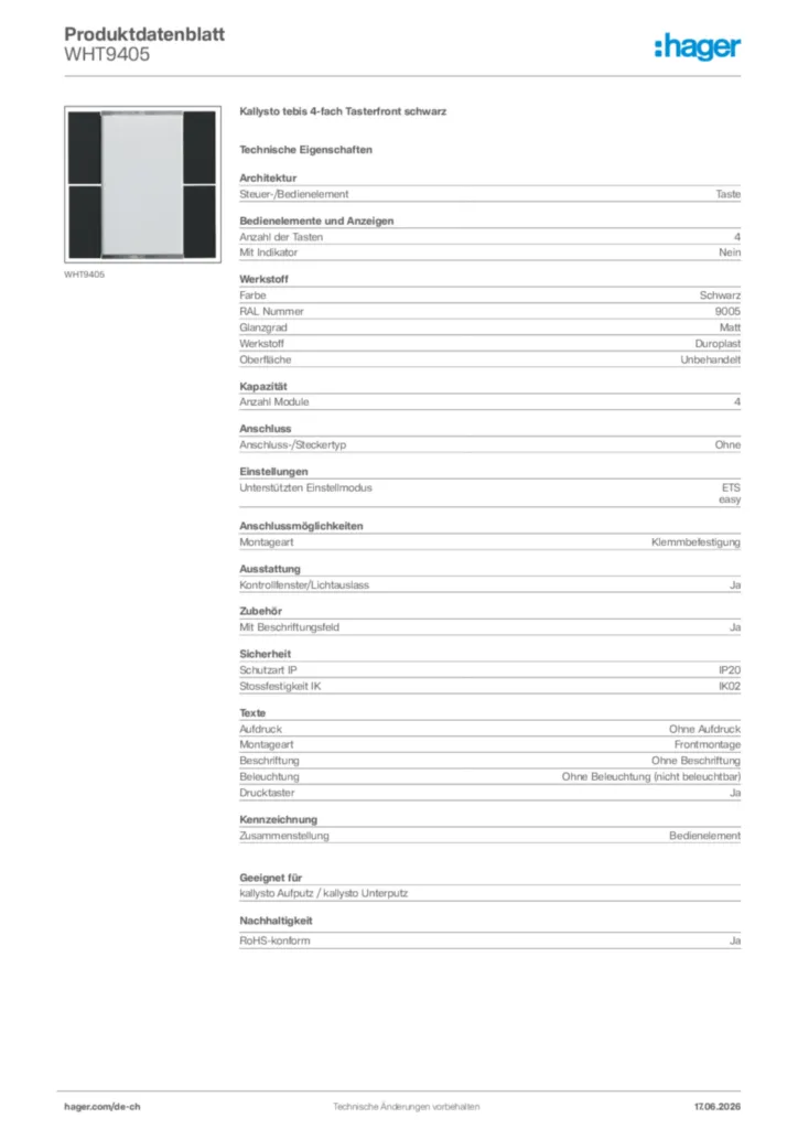 Bild Hager Produktdatenblatt WHT9405 | Hager Schweiz