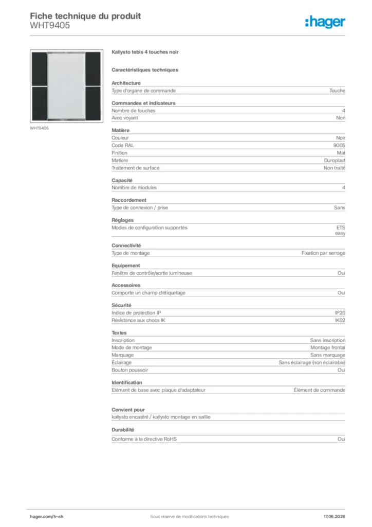 Image Hager Fiche technique du produit WHT9405 | Hager Suisse