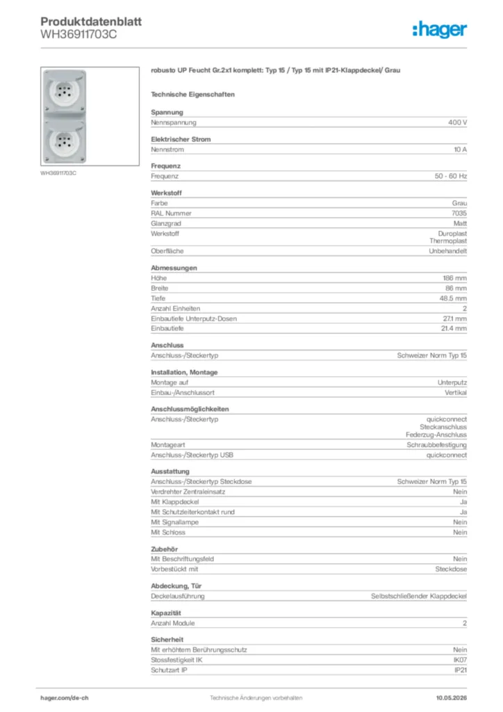 Bild Hager Produktdatenblatt WH36911703C | Hager Schweiz