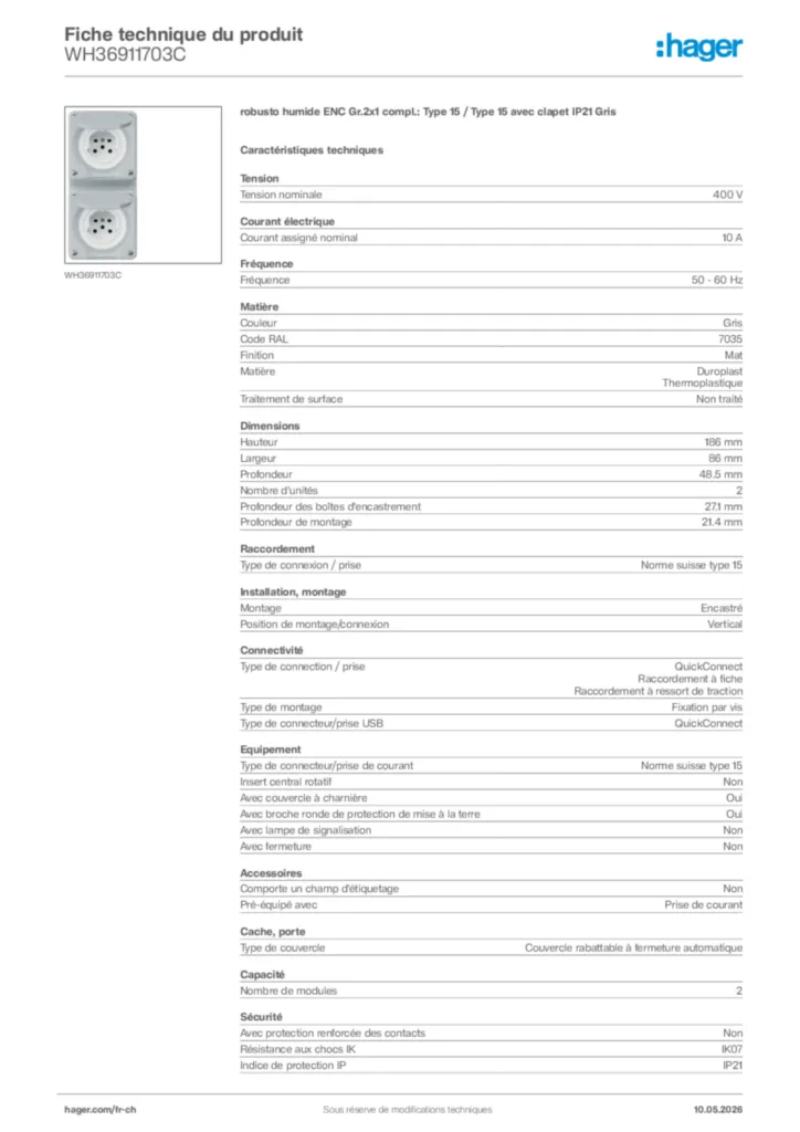 Image Hager Fiche technique du produit WH36911703C | Hager Suisse
