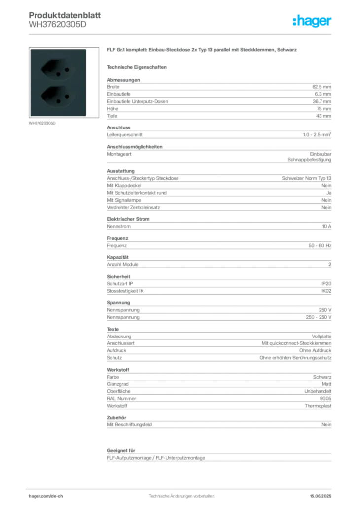 Bild Hager Produktdatenblatt WH37620305D | Hager Schweiz