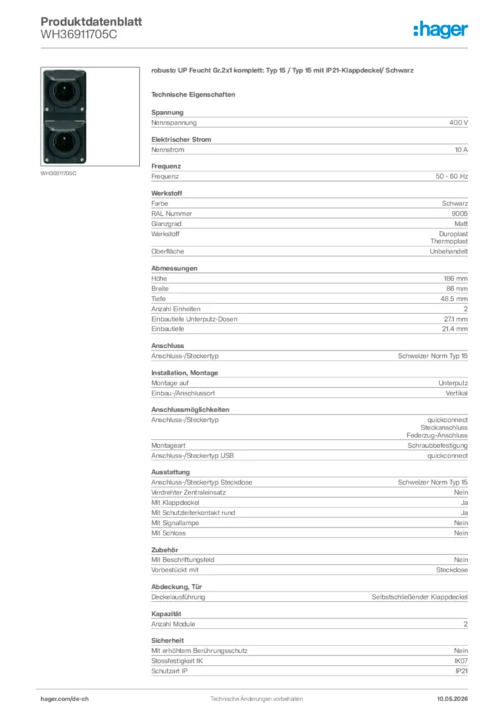 Bild Hager Produktdatenblatt WH36911705C | Hager Schweiz