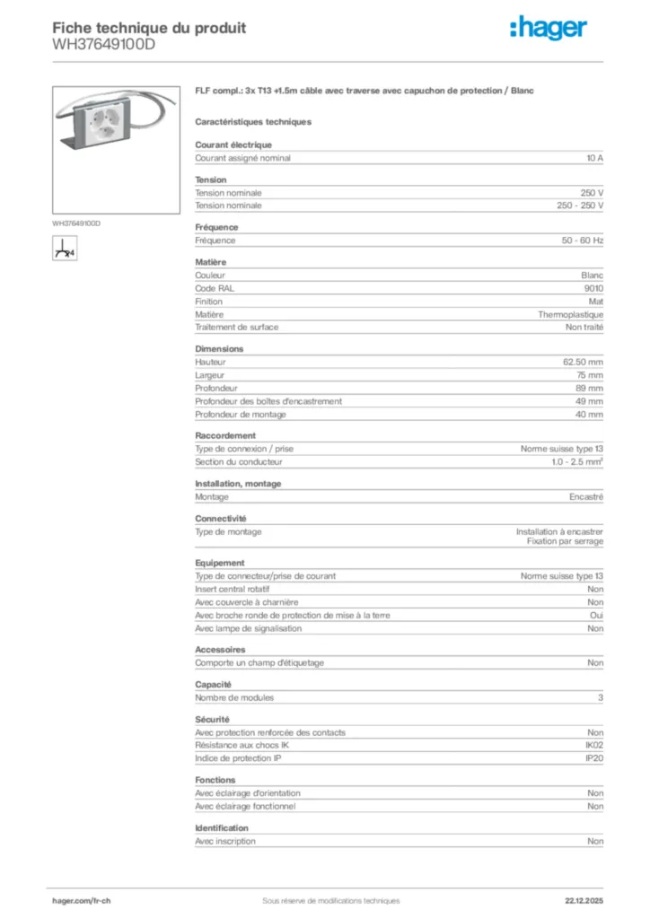Image Hager Fiche technique du produit WH37649100D | Hager Suisse