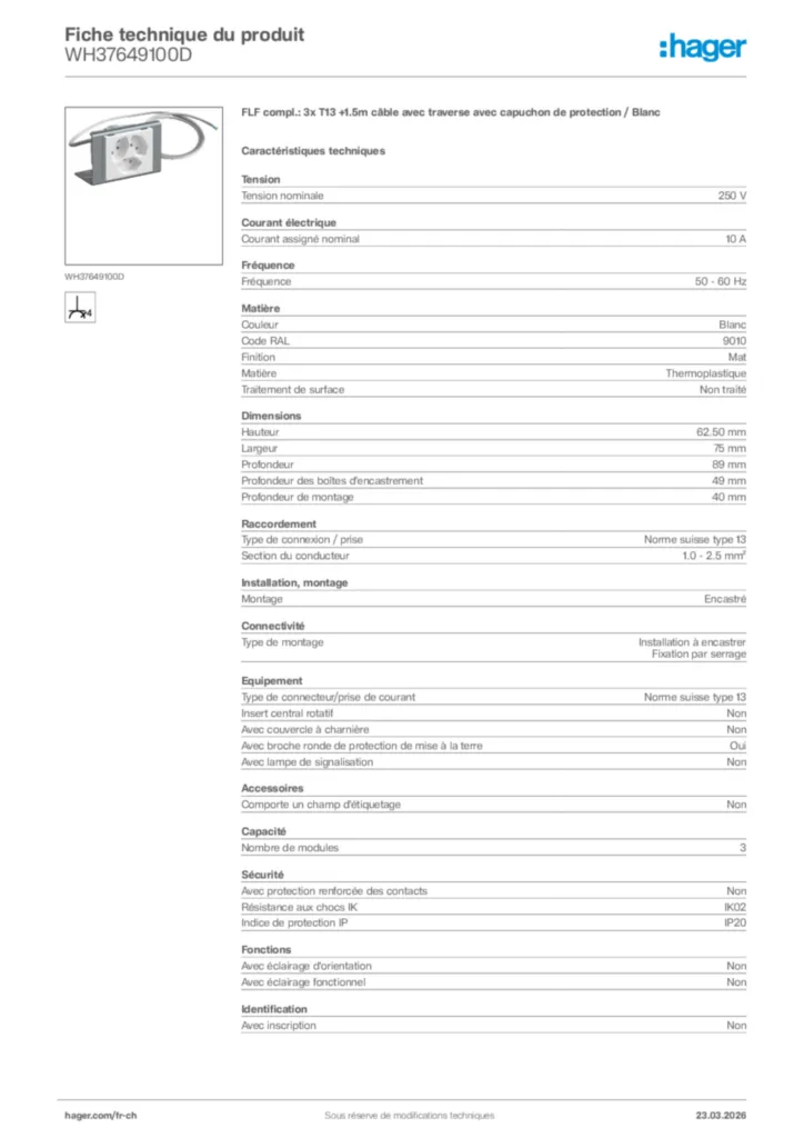 Image Hager Fiche technique du produit WH37649100D | Hager Suisse