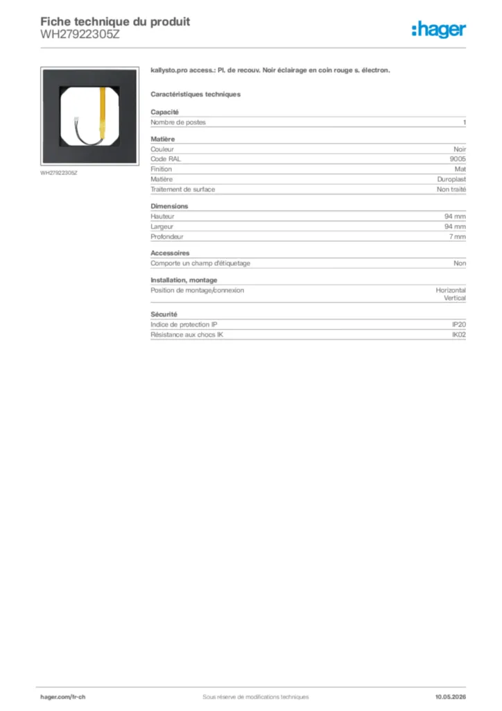 Image Hager Fiche technique du produit WH27922305Z | Hager Suisse