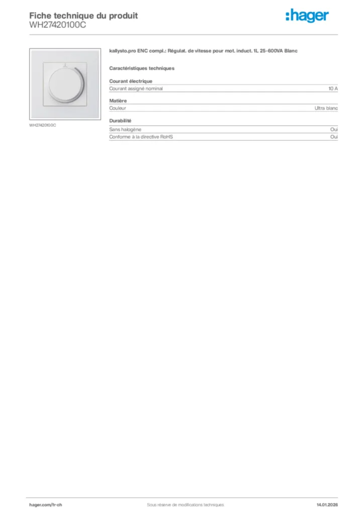 Image Hager Fiche technique du produit WH27420100C | Hager Suisse