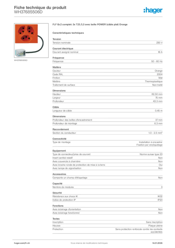 Image Hager Fiche technique du produit WH37685506D | Hager Suisse