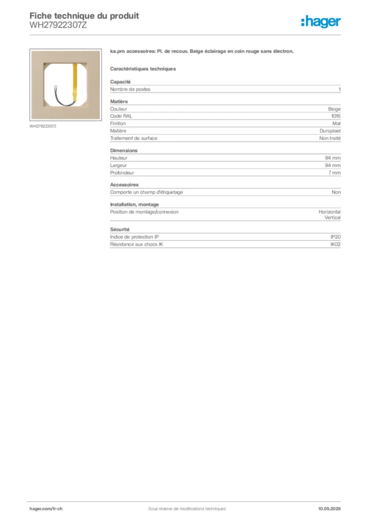 Image Hager Fiche technique du produit WH27922307Z | Hager Suisse