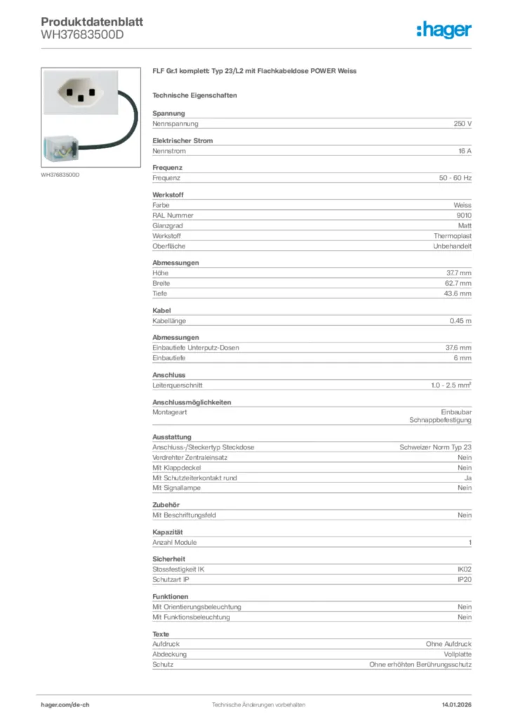 Bild Hager Produktdatenblatt WH37683500D | Hager Schweiz