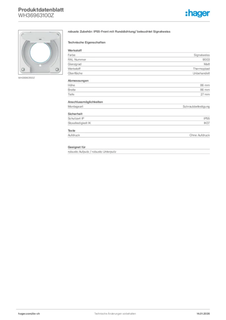 Bild Hager Produktdatenblatt WH36963100Z | Hager Schweiz