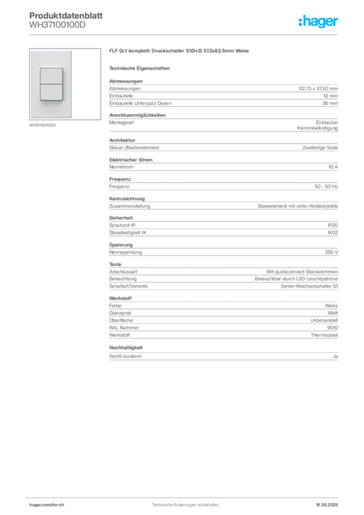Bild Hager Produktdatenblatt WH37100100D | Hager Schweiz