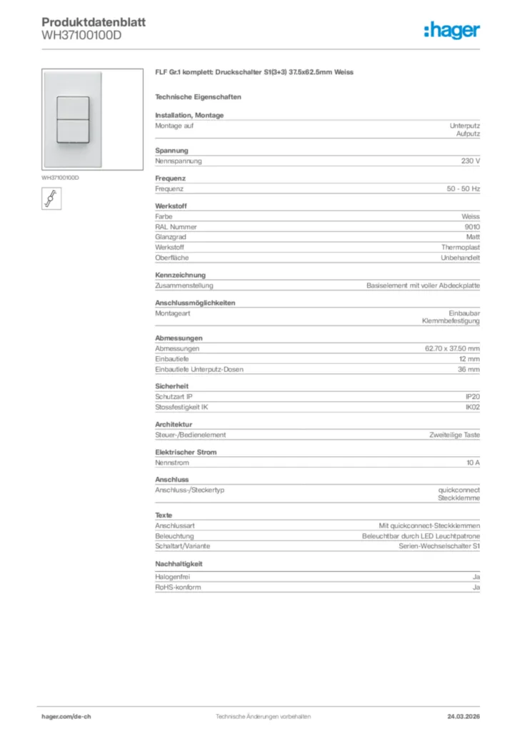 Bild Hager Produktdatenblatt WH37100100D | Hager Schweiz