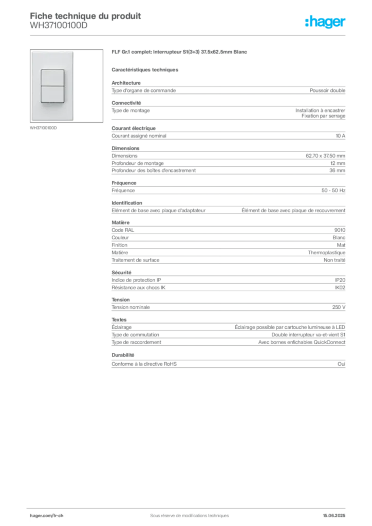 Image Hager Fiche technique du produit WH37100100D | Hager Suisse