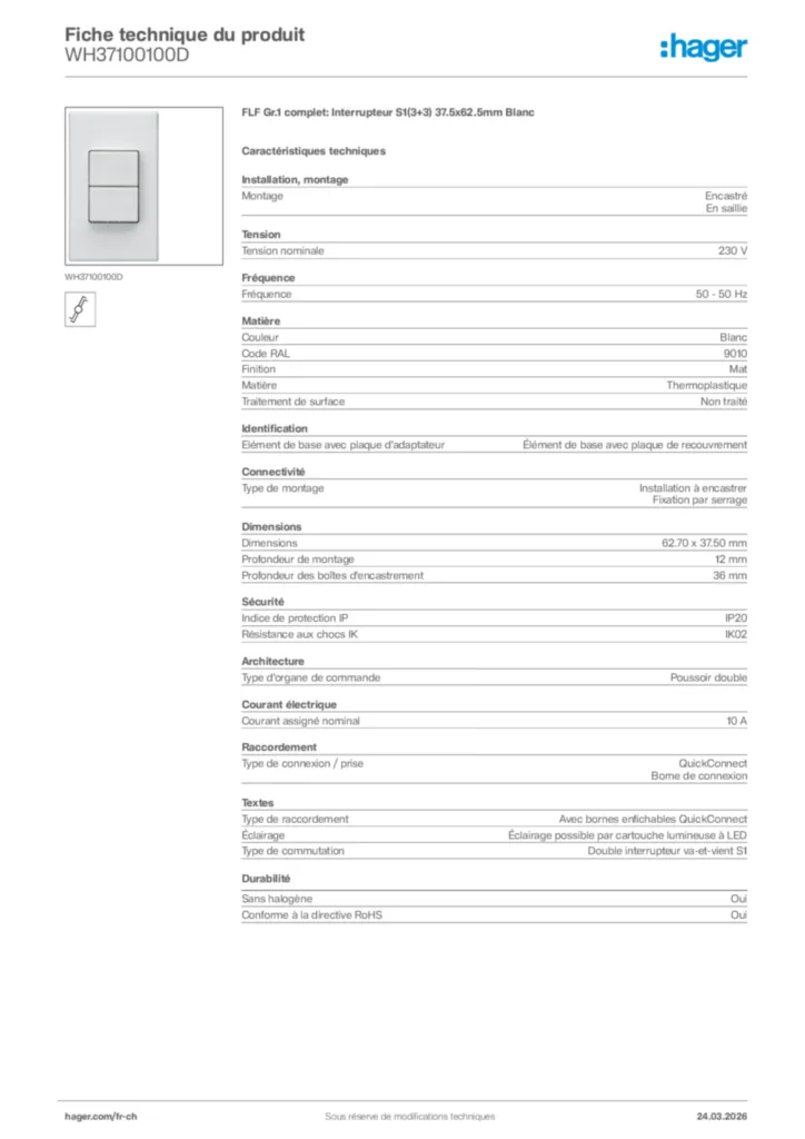 Image Hager Fiche technique du produit WH37100100D | Hager Suisse