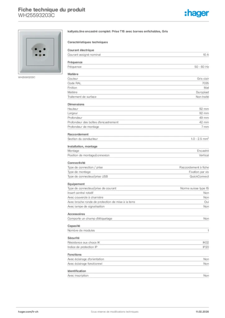 Image Hager Fiche technique du produit WH25593203C | Hager Suisse