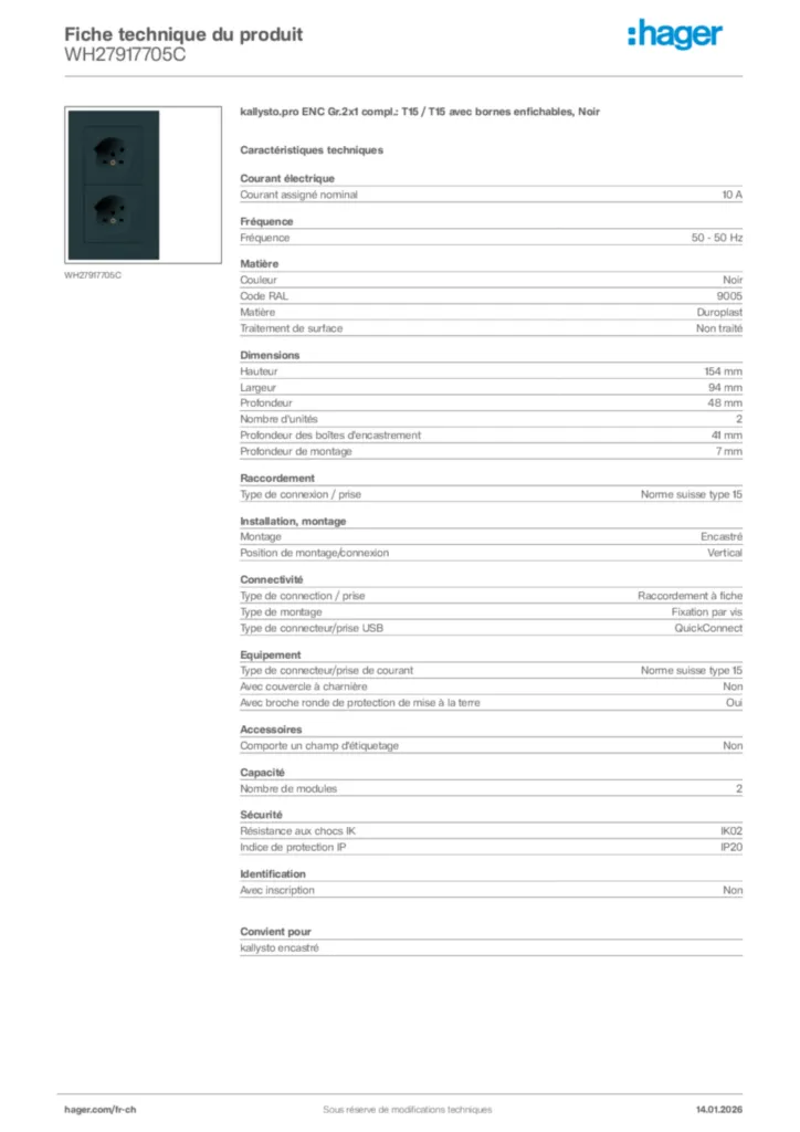 Image Hager Fiche technique du produit WH27917705C | Hager Suisse