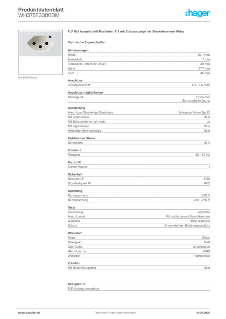 Bild Hager Produktdatenblatt WH37583300DM | Hager Schweiz