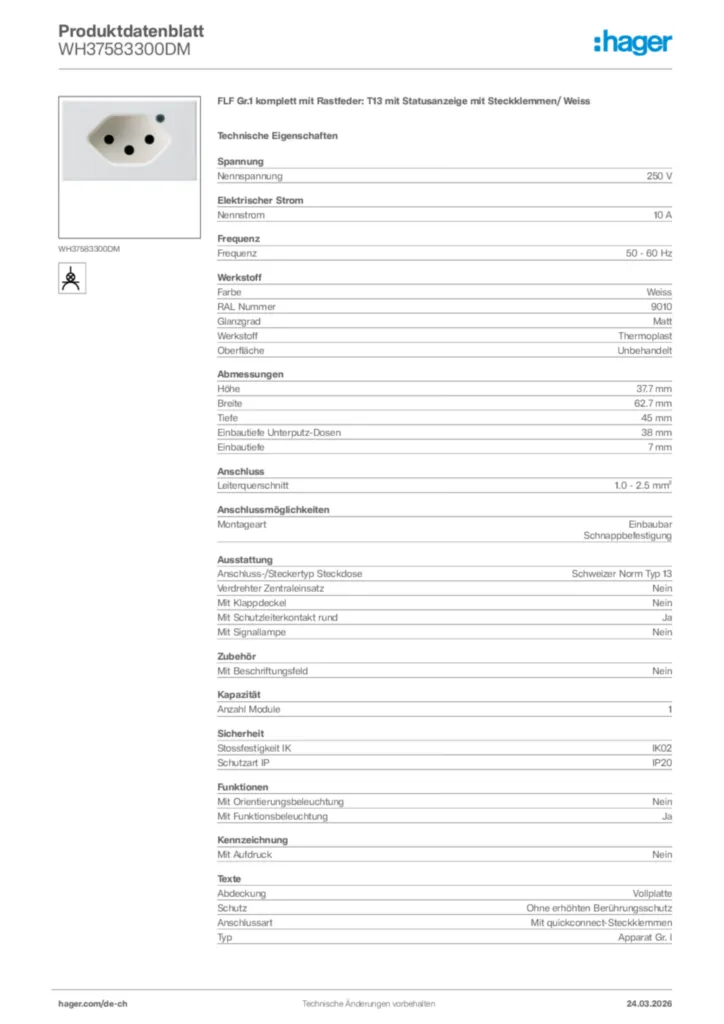 Bild Hager Produktdatenblatt WH37583300DM | Hager Schweiz