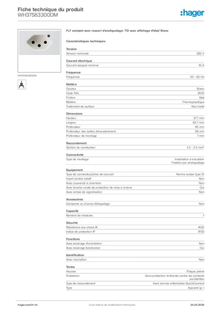 Image Hager Fiche technique du produit WH37583300DM | Hager Suisse
